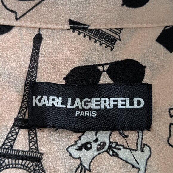 Karl Lagerfeld Button-up Blouse Women's Medium Pink Graphic Cats Paris Top - Picture 4 of 16